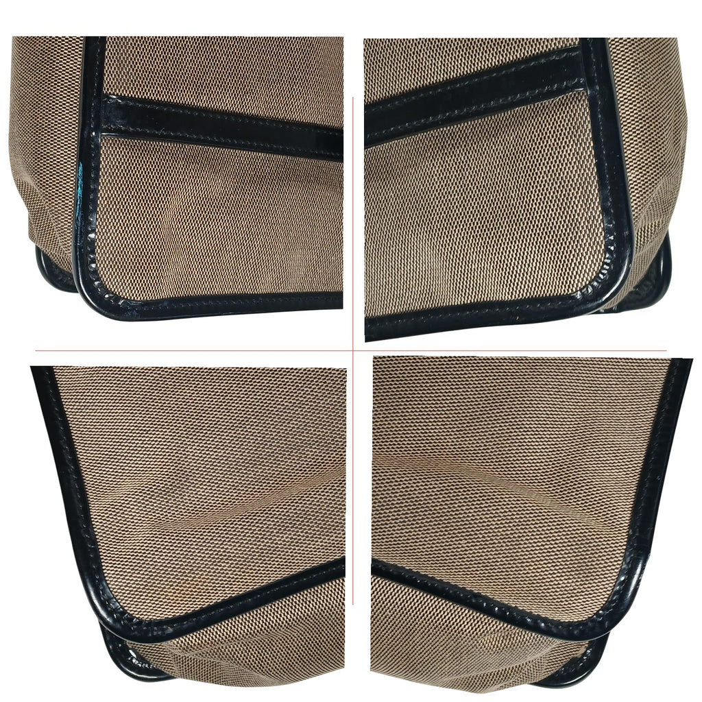 GUCCI Vintage Brown Canvas Tote Bag with Patent Leather Trim, Front Pocket