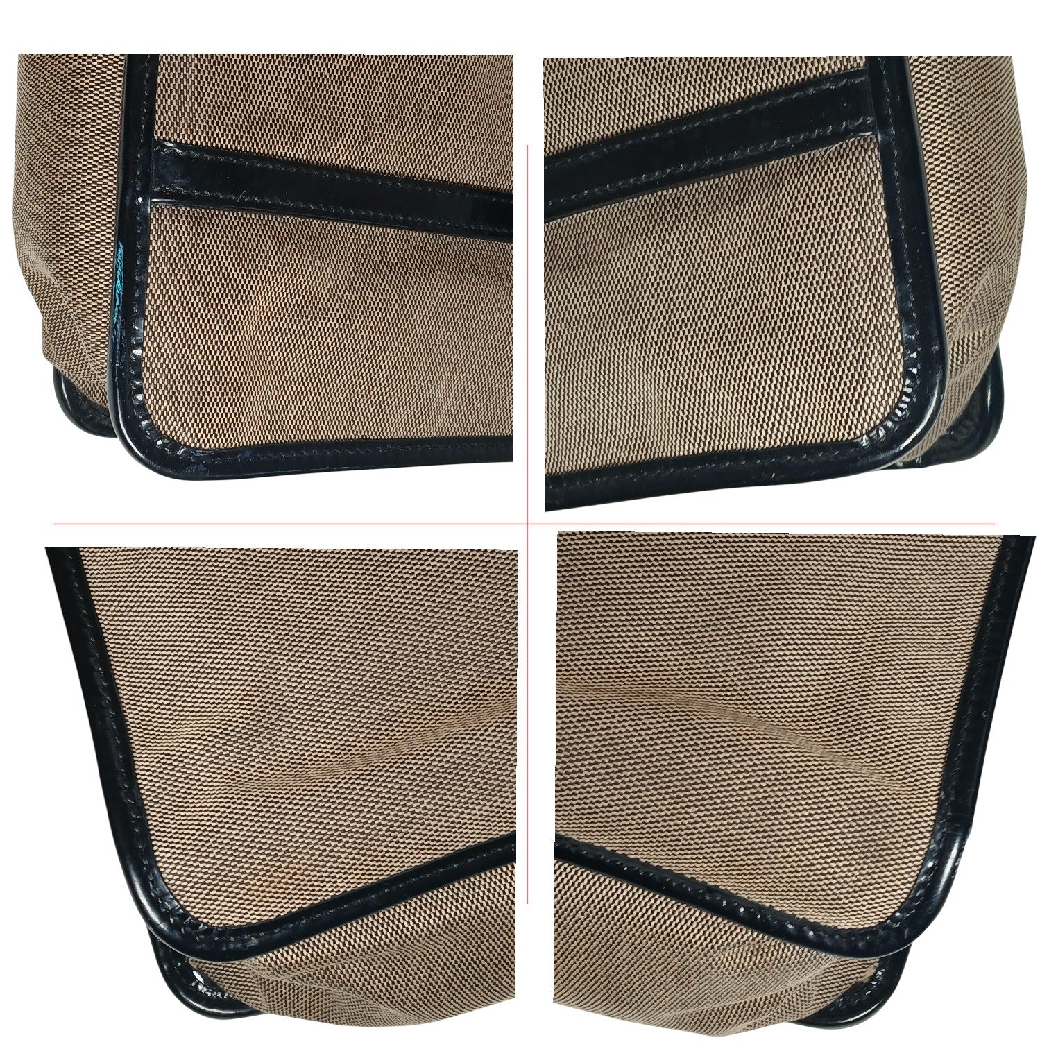 GUCCI Vintage Brown Canvas Tote Bag with Patent Leather Trim, Front Pocket