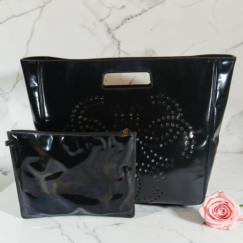CHANEL Vintage Black Patent Leather Perforated Triple CC Tote Bag & Pouch