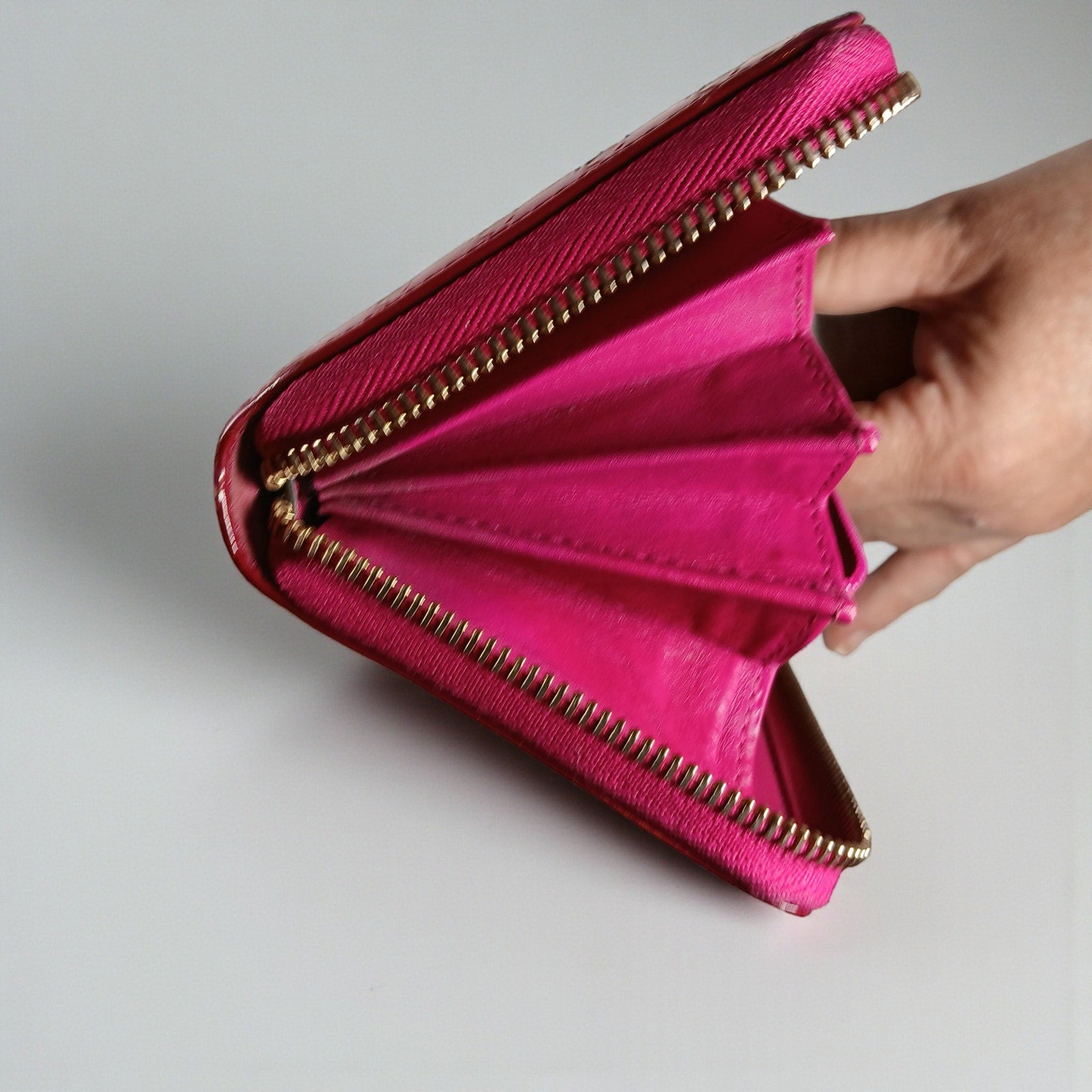 Gucci Shima GG Belted Zip Around Pink Enamel Leather Micro Long Wallet