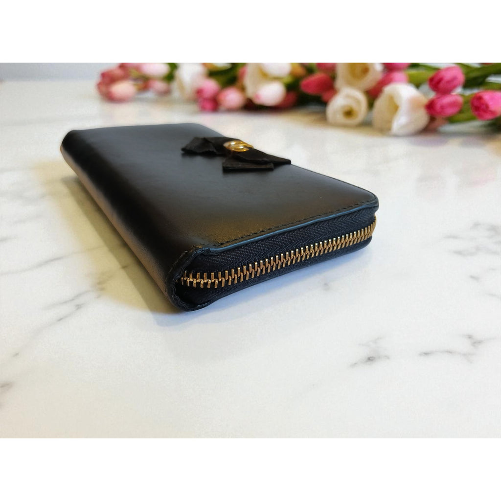 GUCCI GG Marmont Ribbon Long Wallet Round Zipper Black Leather - Authentic