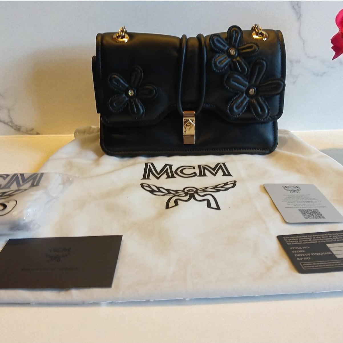 NWT MCM LIMITED COLLECTION Run Candy Floral Appliqué Leather Shoulder Bag Black