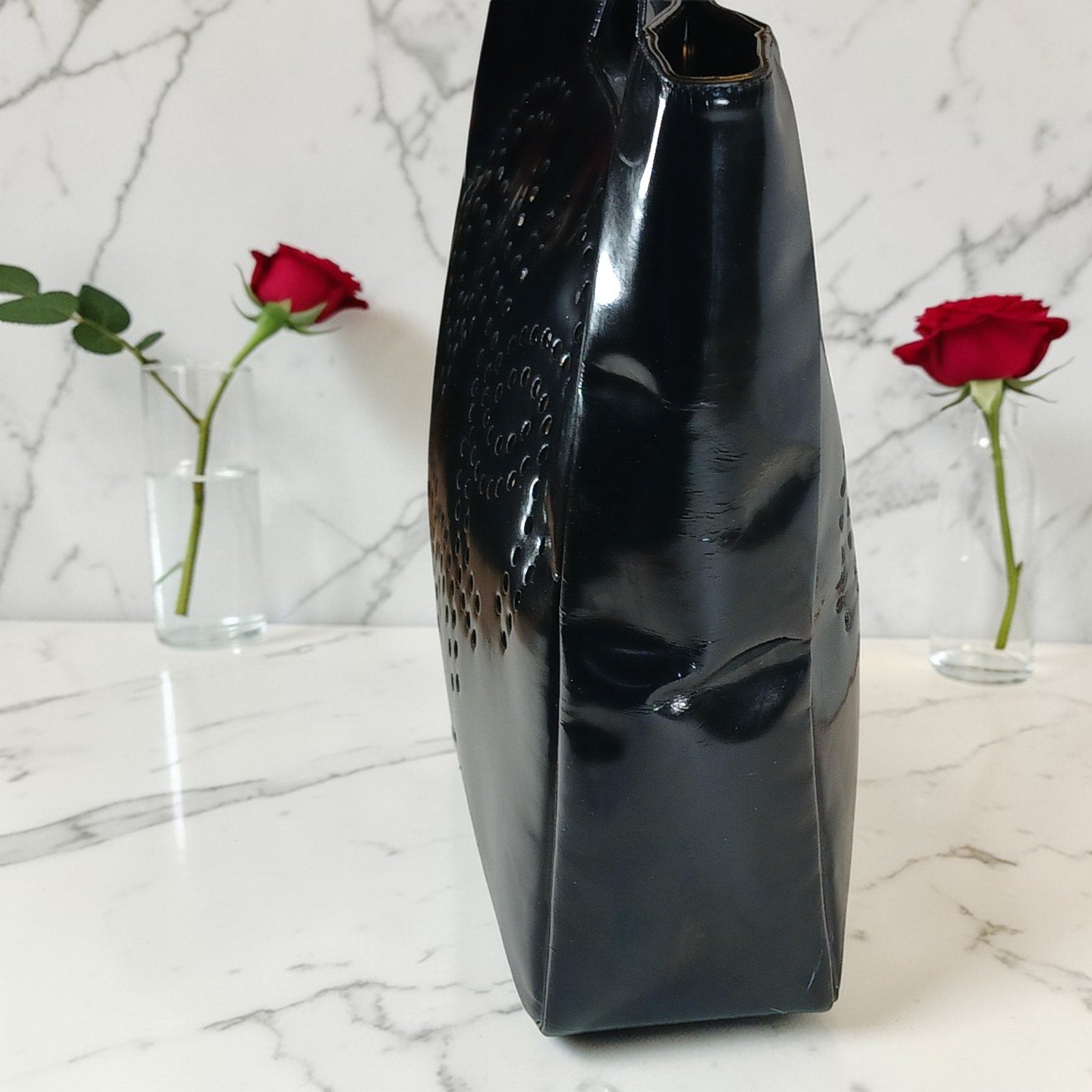 CHANEL Vintage Black Patent Leather Perforated Triple CC Tote Bag & Pouch