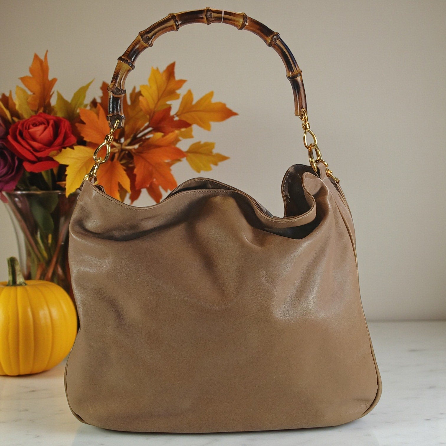 GUCCI Bamboo Shoulder/Hand Bag Leather Brown Gold