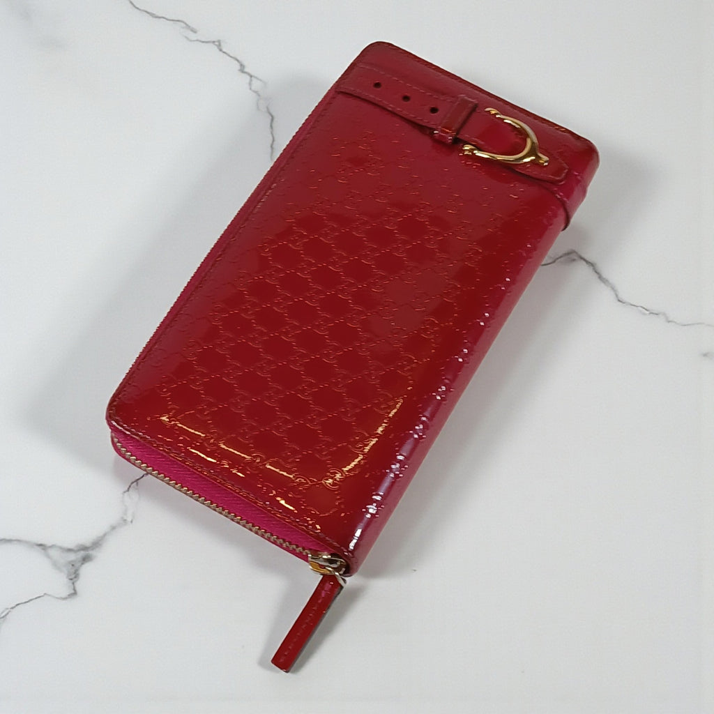 Gucci Shima GG Belted Zip Around Pink Enamel Leather Micro Long Wallet