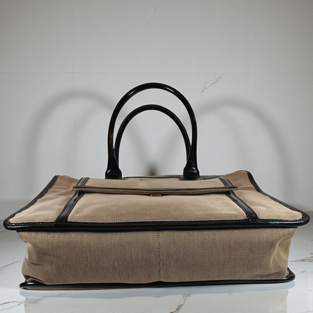 GUCCI Vintage Brown Canvas Tote Bag with Patent Leather Trim, Front Pocket