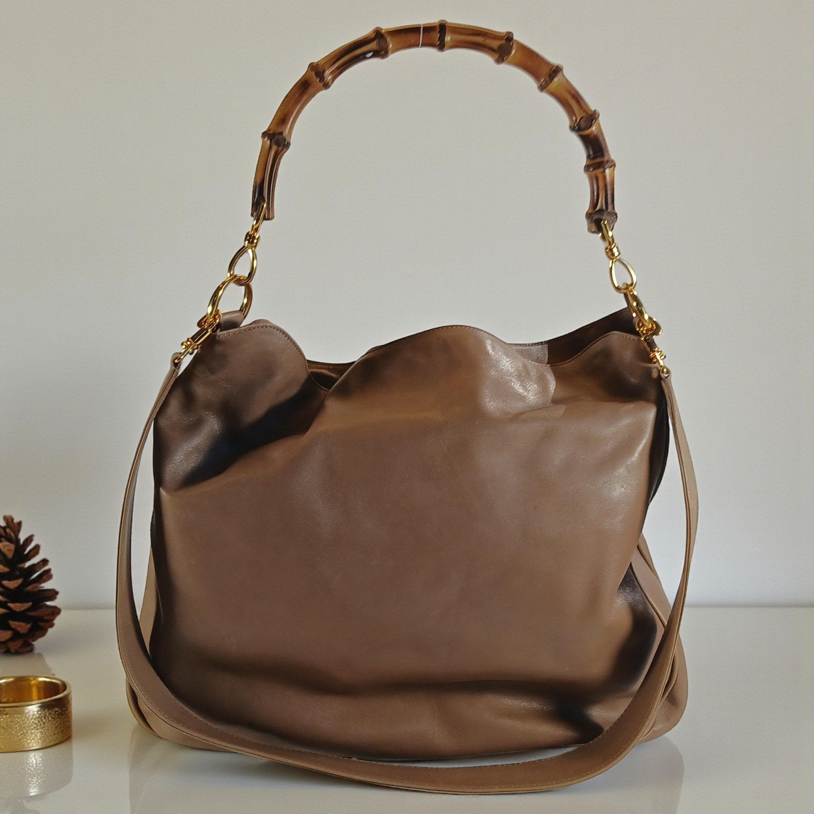 GUCCI Bamboo Shoulder/Hand Bag Leather Brown Gold