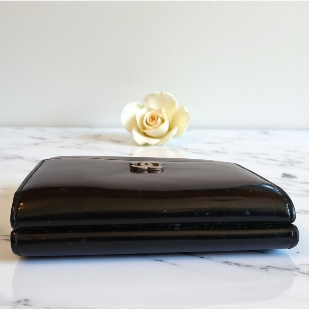Chanel Patent Leather Black Trifold Compact Wallet