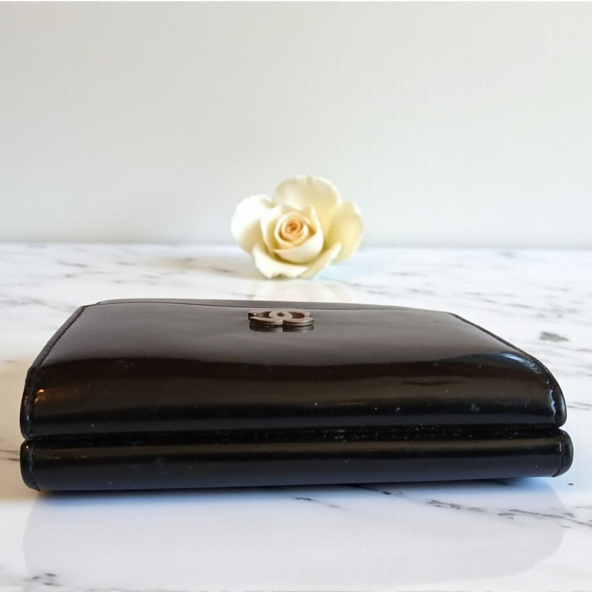 Chanel Patent Leather Black Trifold Compact Wallet