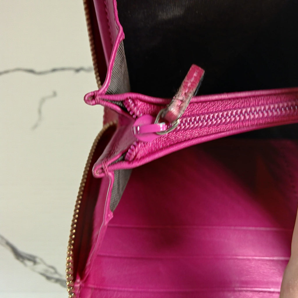 Gucci Shima GG Belted Zip Around Pink Enamel Leather Micro Long Wallet