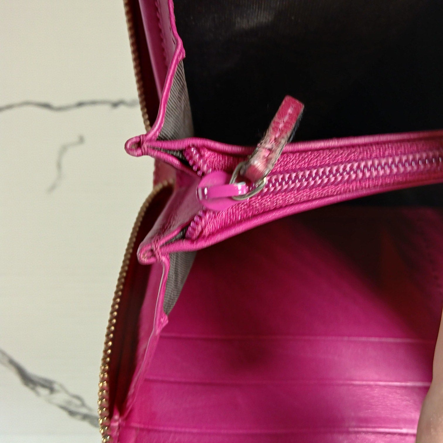 Gucci Shima GG Belted Zip Around Pink Enamel Leather Micro Long Wallet