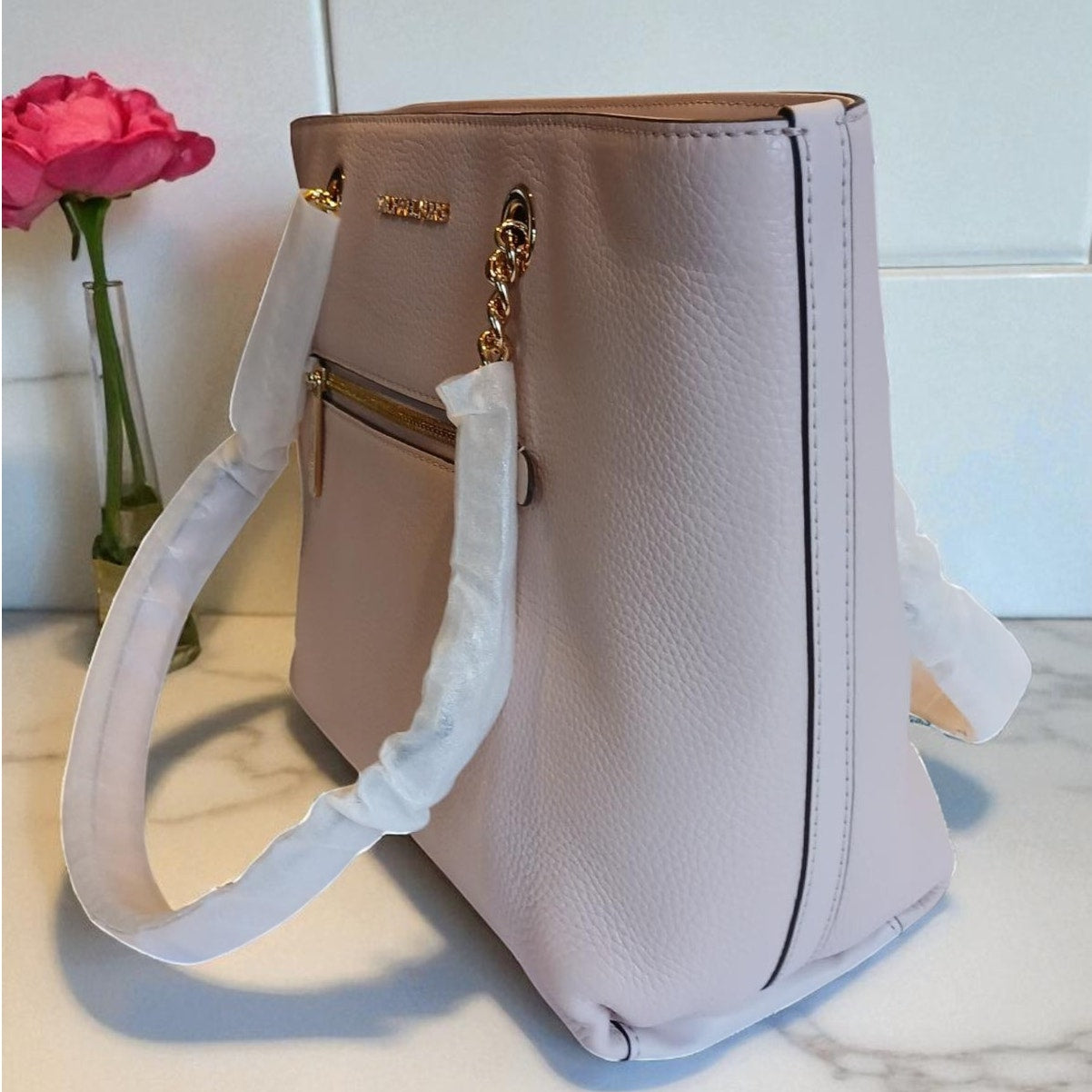 Michael Kors Jet Set Medium Leather Front Zip Chain Tote Powder Blush NWT