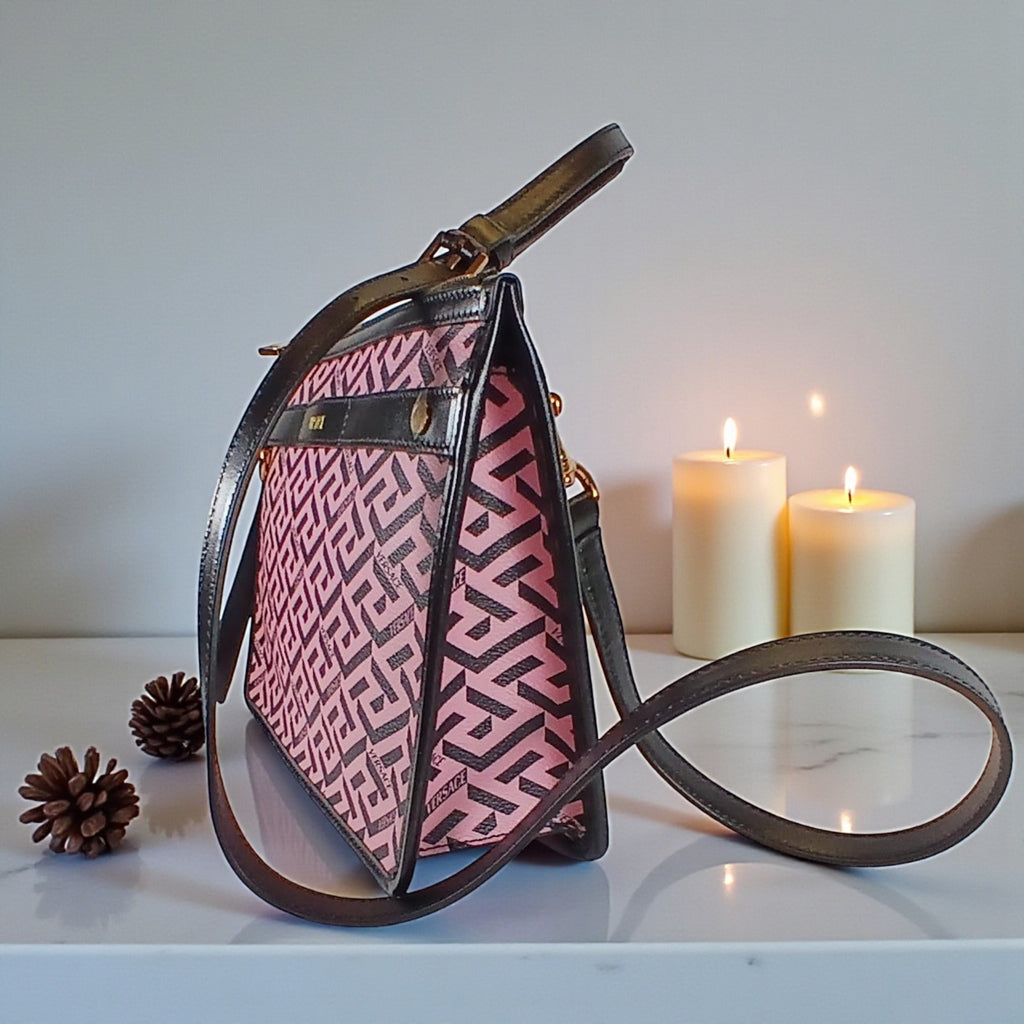 Versace La Greca Signature Coated Canvas Leather Crossbody Bag Pink/Black