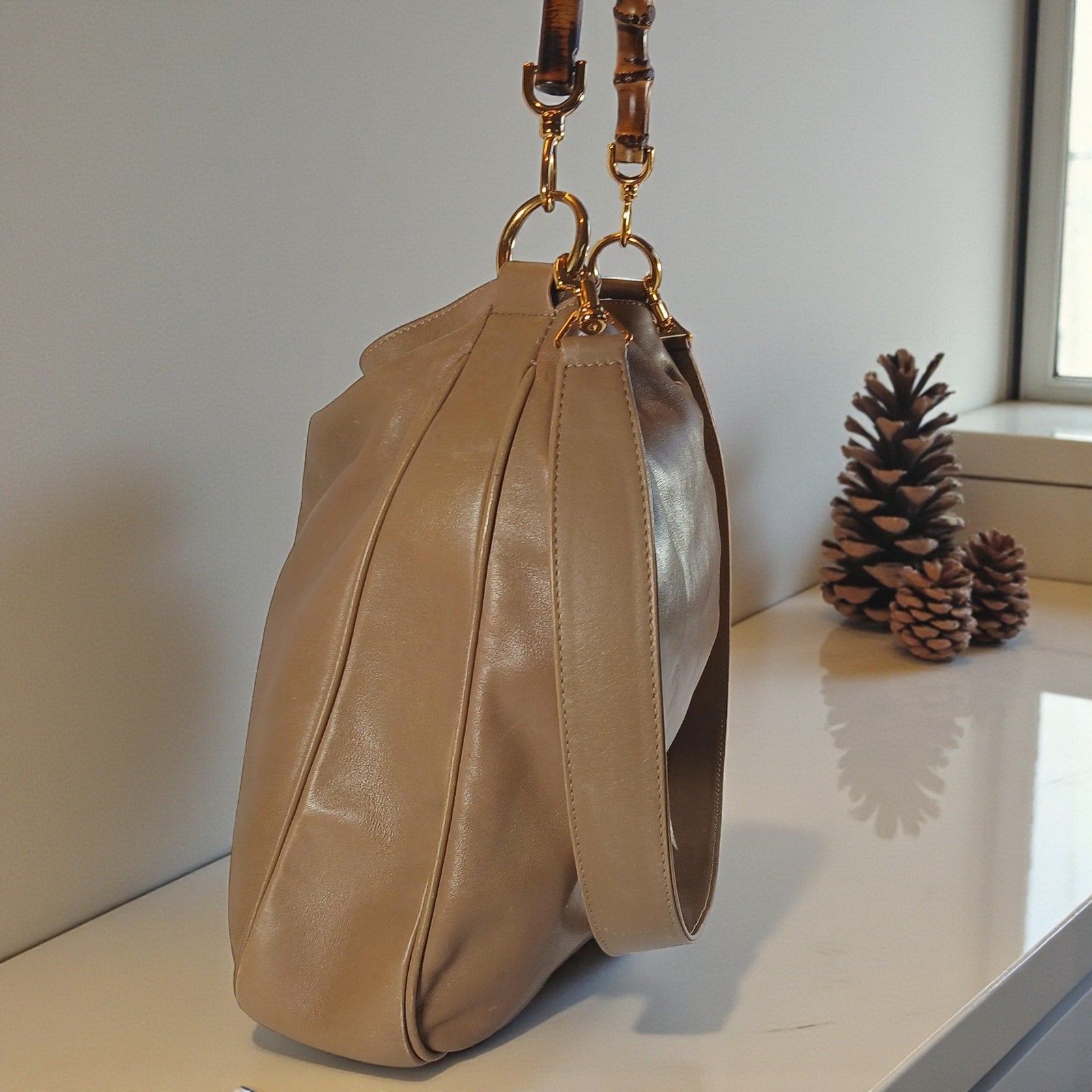 GUCCI Bamboo Shoulder/Hand Bag Leather Brown Gold