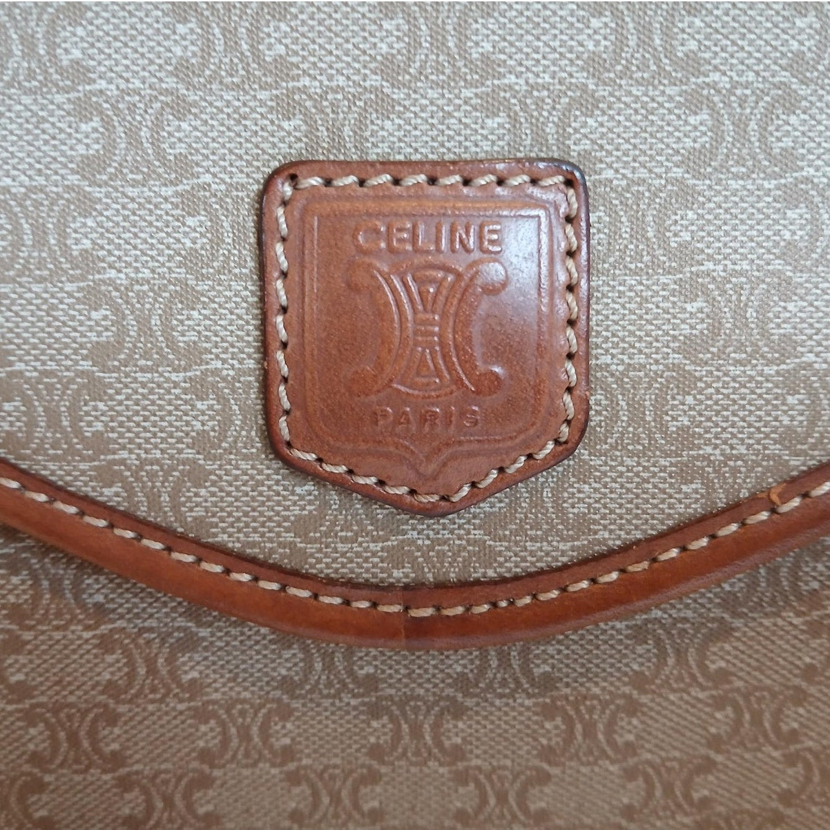 Authentic Celine Triomphe Logo Macadam Beige Crossbody Bag