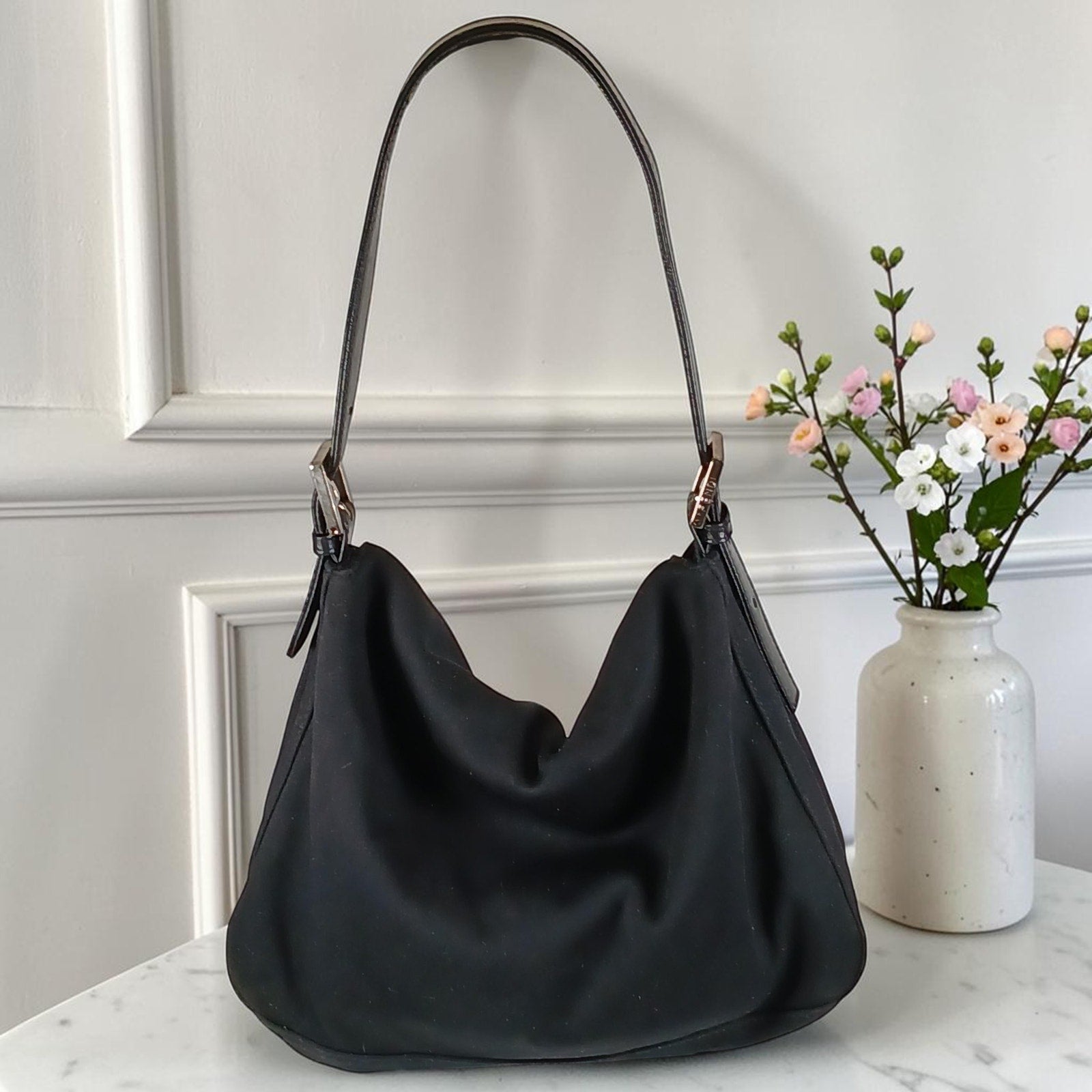 Fendi Mamma Black Neoprene Baguette Vintage Shoulder Bag
