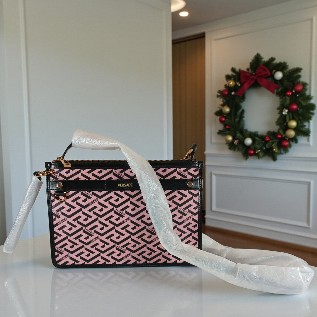 Versace La Greca Signature Coated Canvas Leather Crossbody Bag Pink/Black