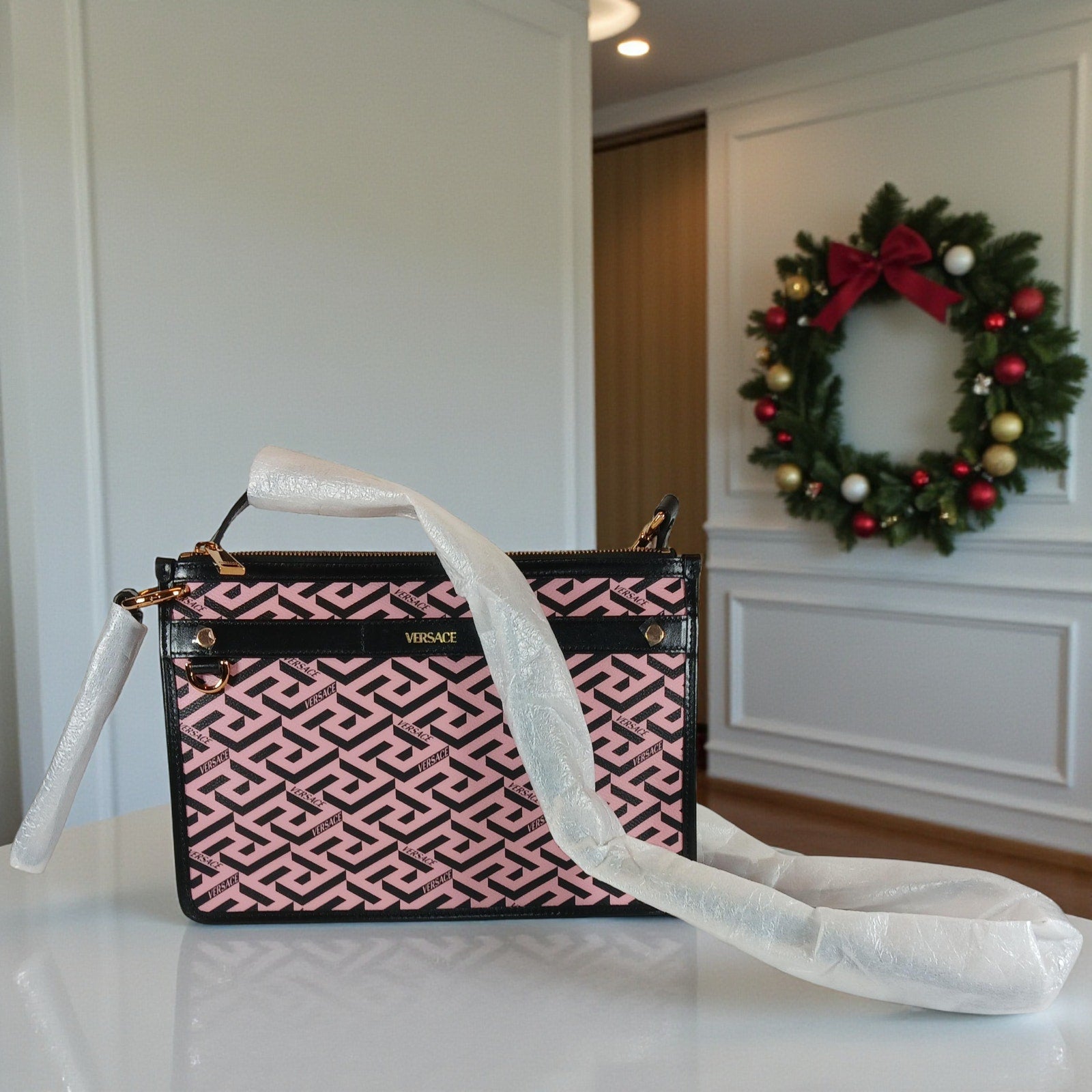 Versace La Greca Signature Coated Canvas Leather Crossbody Bag Pink/Black