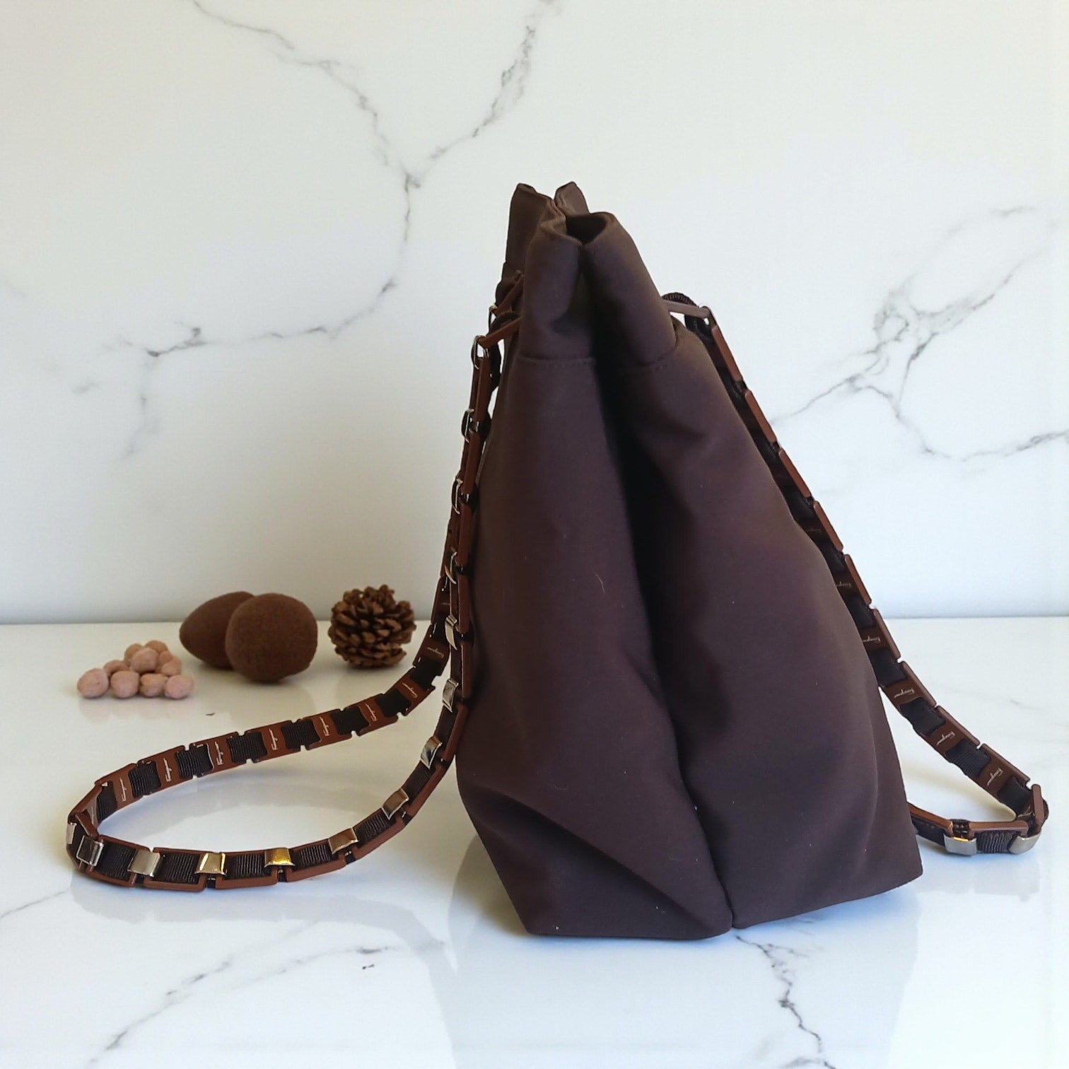 Salvatore Ferragamo Vala Tote in Brown Canvas with Logo Chain Strap