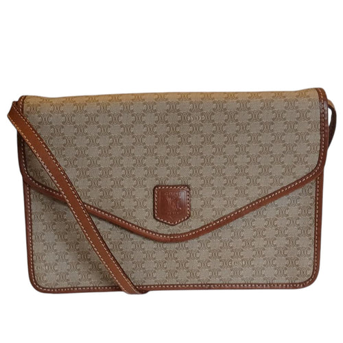 Authentic Celine Triomphe Logo Macadam Beige Crossbody Bag