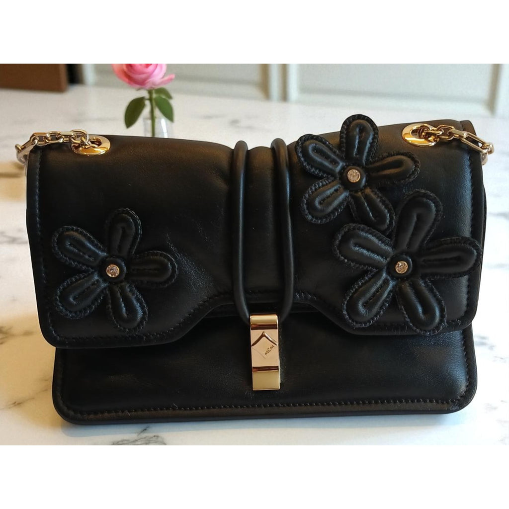 NWT MCM LIMITED COLLECTION Run Candy Floral Appliqué Leather Shoulder Bag Black