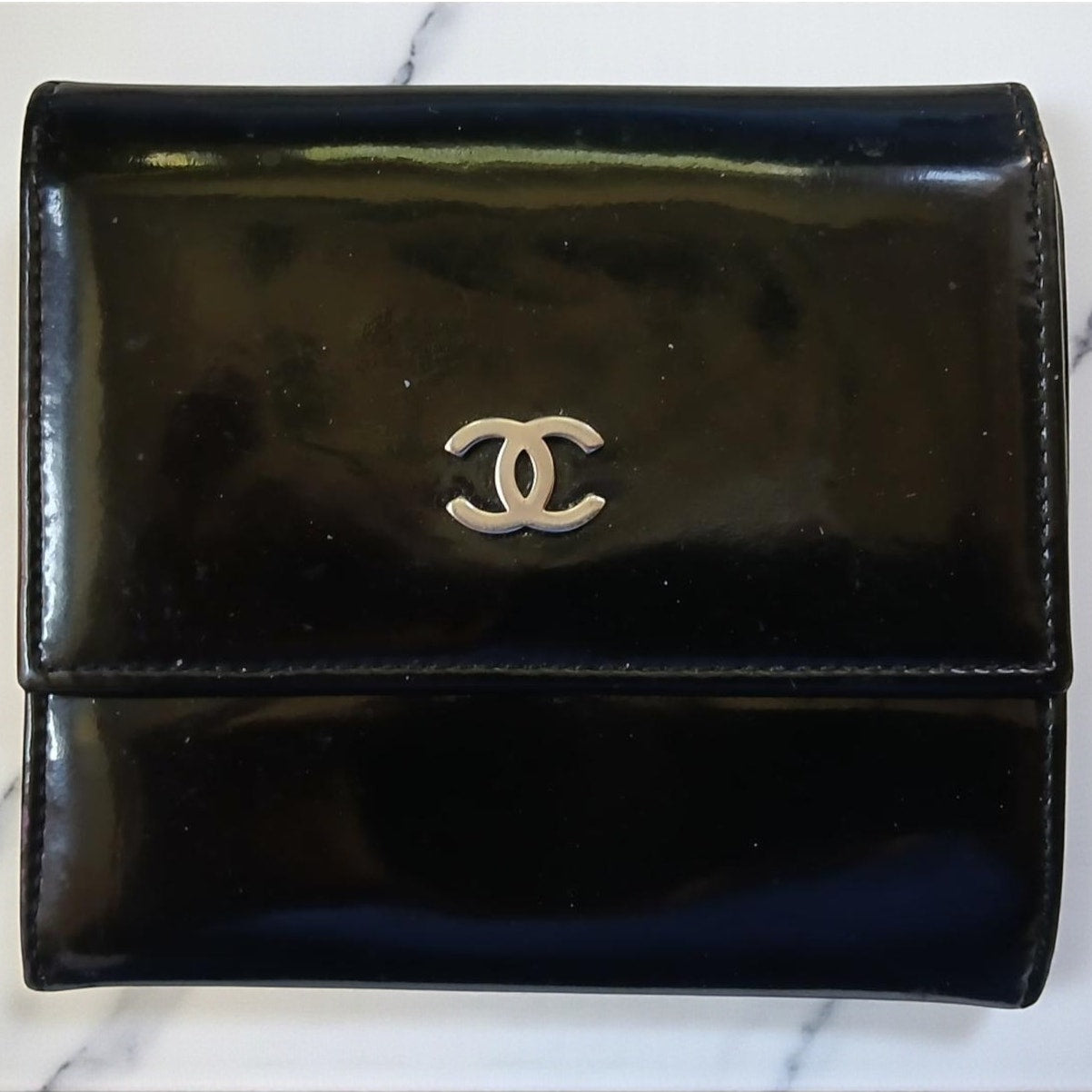 Chanel Patent Leather Black Trifold Compact Wallet