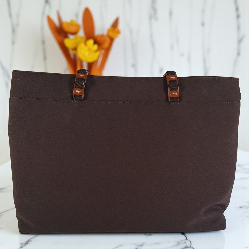 Salvatore Ferragamo Vala Tote in Brown Canvas with Logo Chain Strap