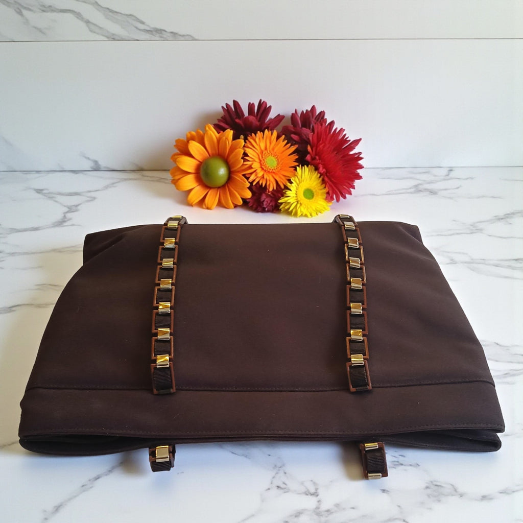 Salvatore Ferragamo Vala Tote in Brown Canvas with Logo Chain Strap
