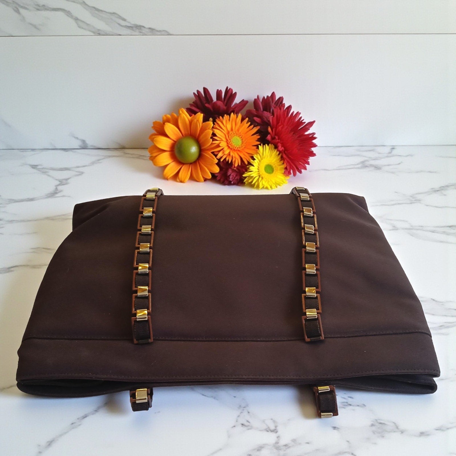 Salvatore Ferragamo Vala Tote in Brown Canvas with Logo Chain Strap