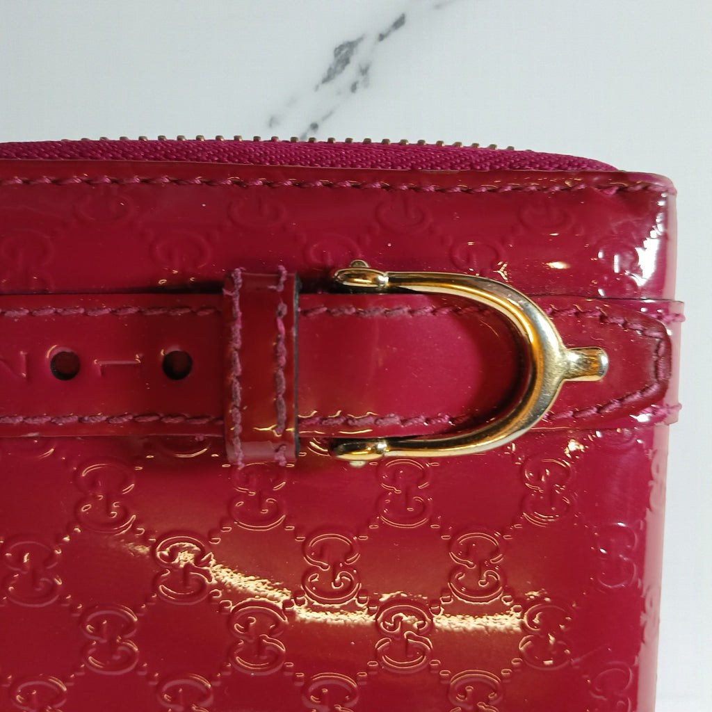 Gucci Shima GG Belted Zip Around Pink Enamel Leather Micro Long Wallet