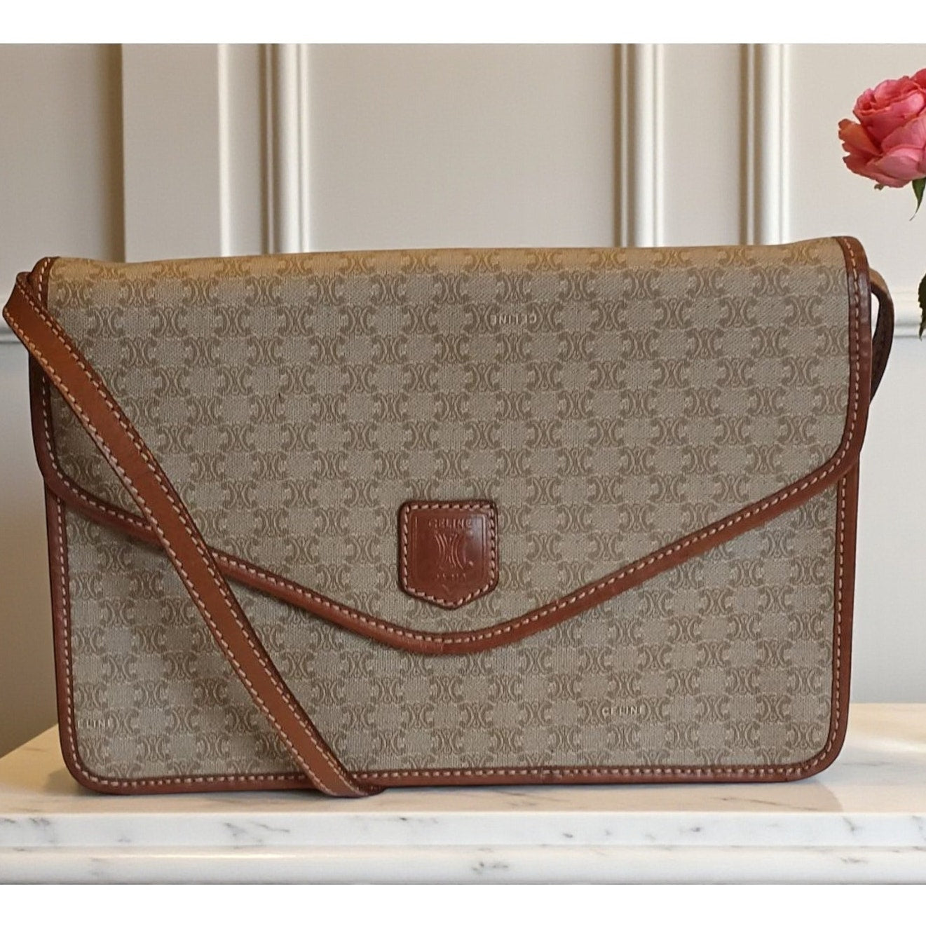 Authentic Celine Triomphe Logo Macadam Beige Crossbody Bag