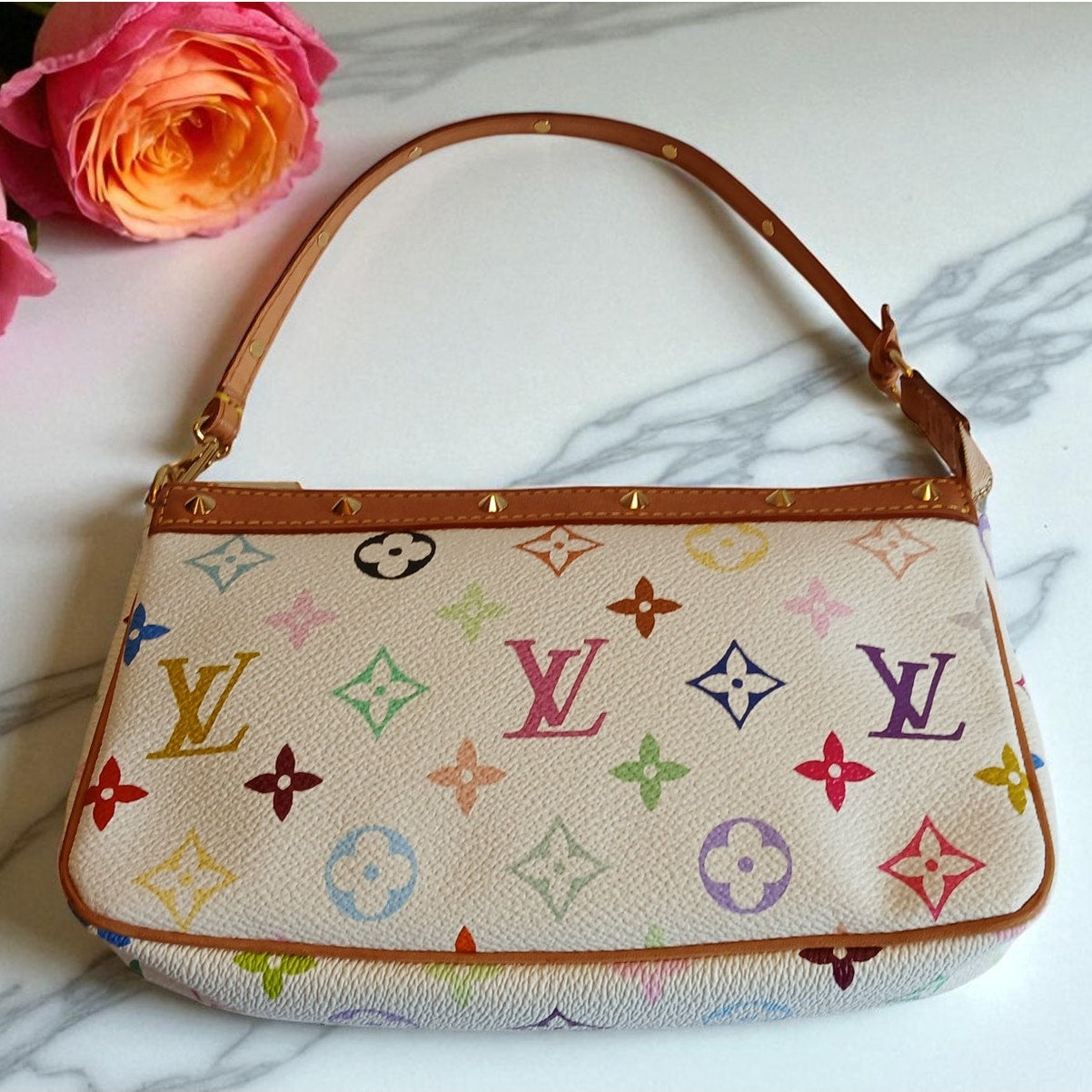 Authentic Louis Vuitton Multicolor Murakami Pochette Top Handle Bag