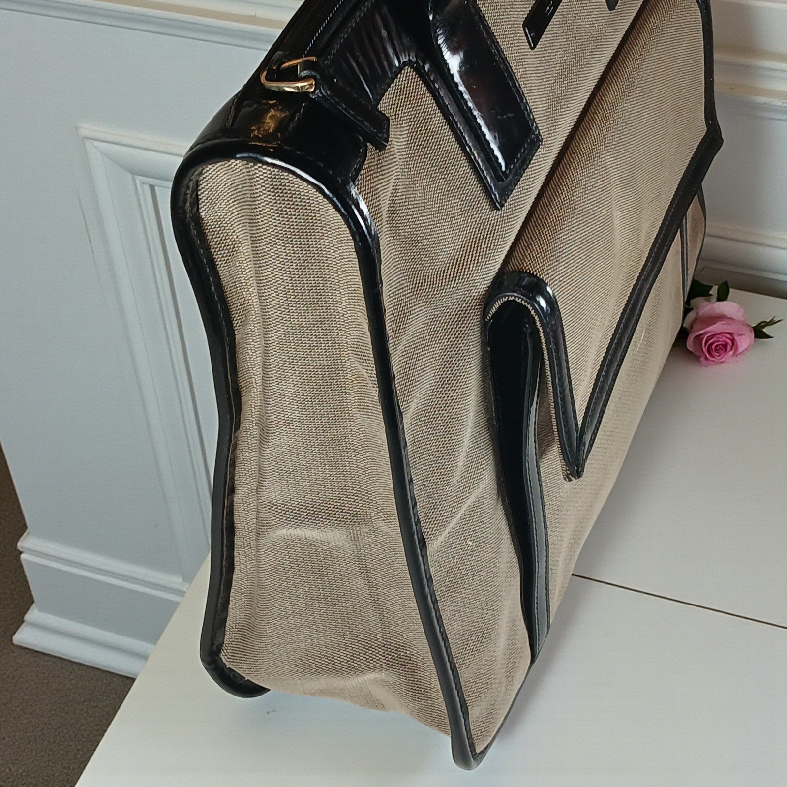 GUCCI Vintage Brown Canvas Tote Bag with Patent Leather Trim, Front Pocket