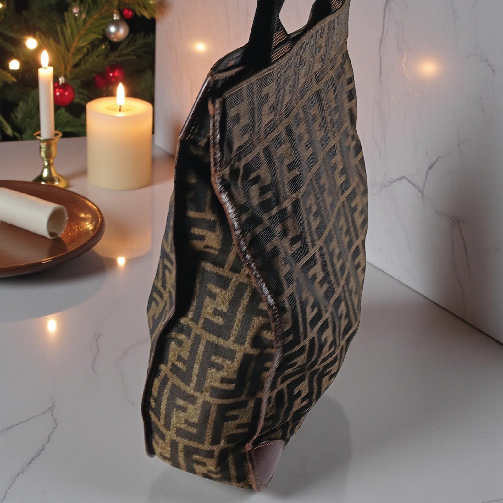 Fendi Vintage Leather Trimmed Zucca Brown Medium Foldable Tote