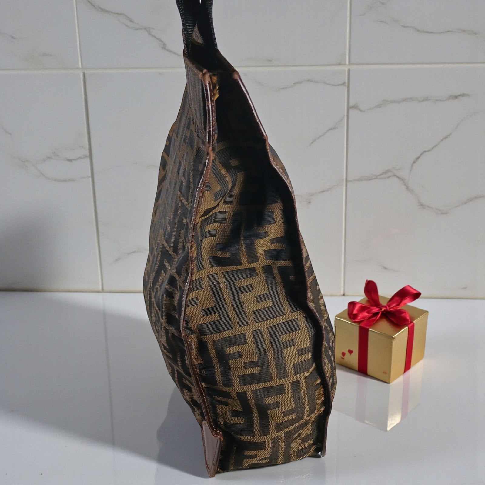 Fendi Vintage Leather Trimmed Zucca Brown Medium Foldable Tote