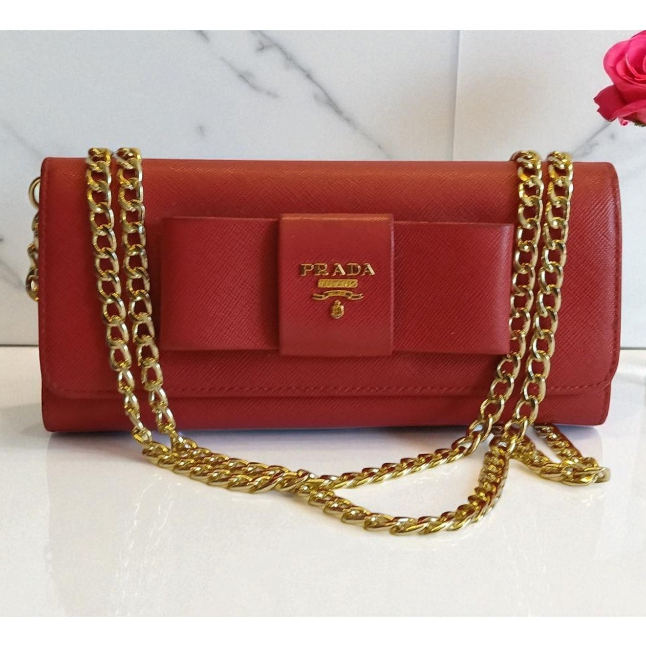Prada Saffiano Leather Pink Wallet on a Chain Crossbody