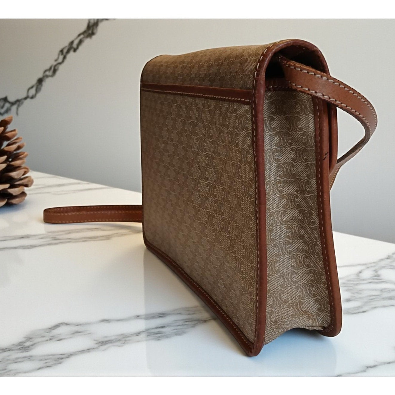 Authentic Celine Triomphe Logo Macadam Beige Crossbody Bag