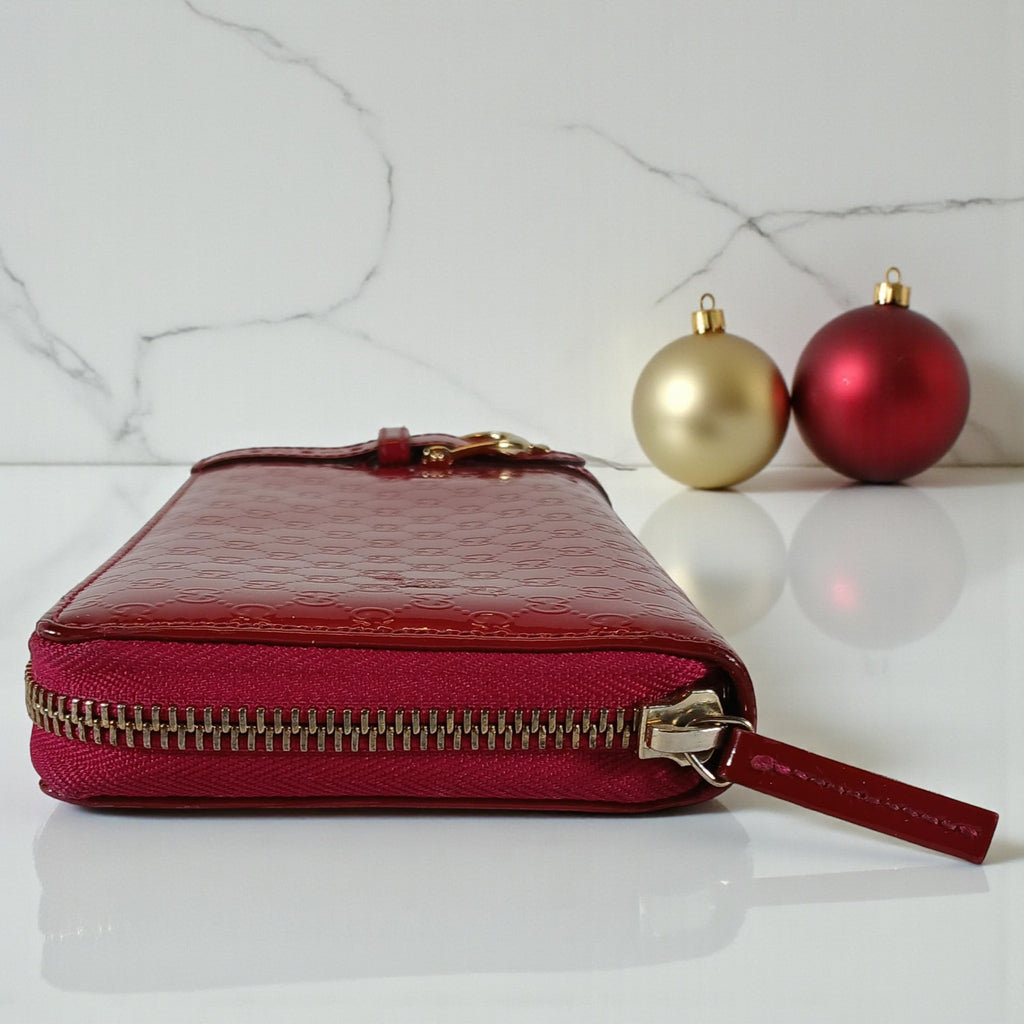 Gucci Shima GG Belted Zip Around Pink Enamel Leather Micro Long Wallet