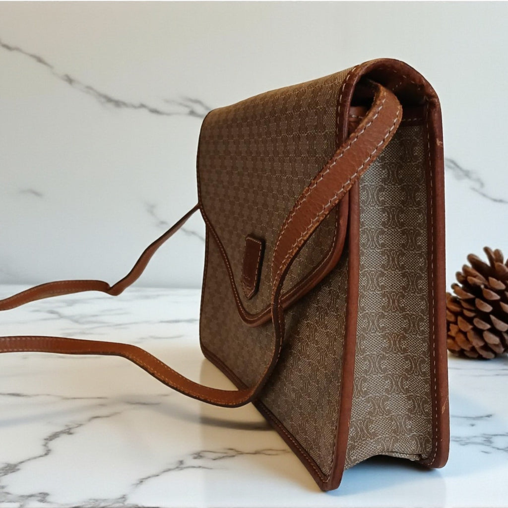 Authentic Celine Triomphe Logo Macadam Beige Crossbody Bag