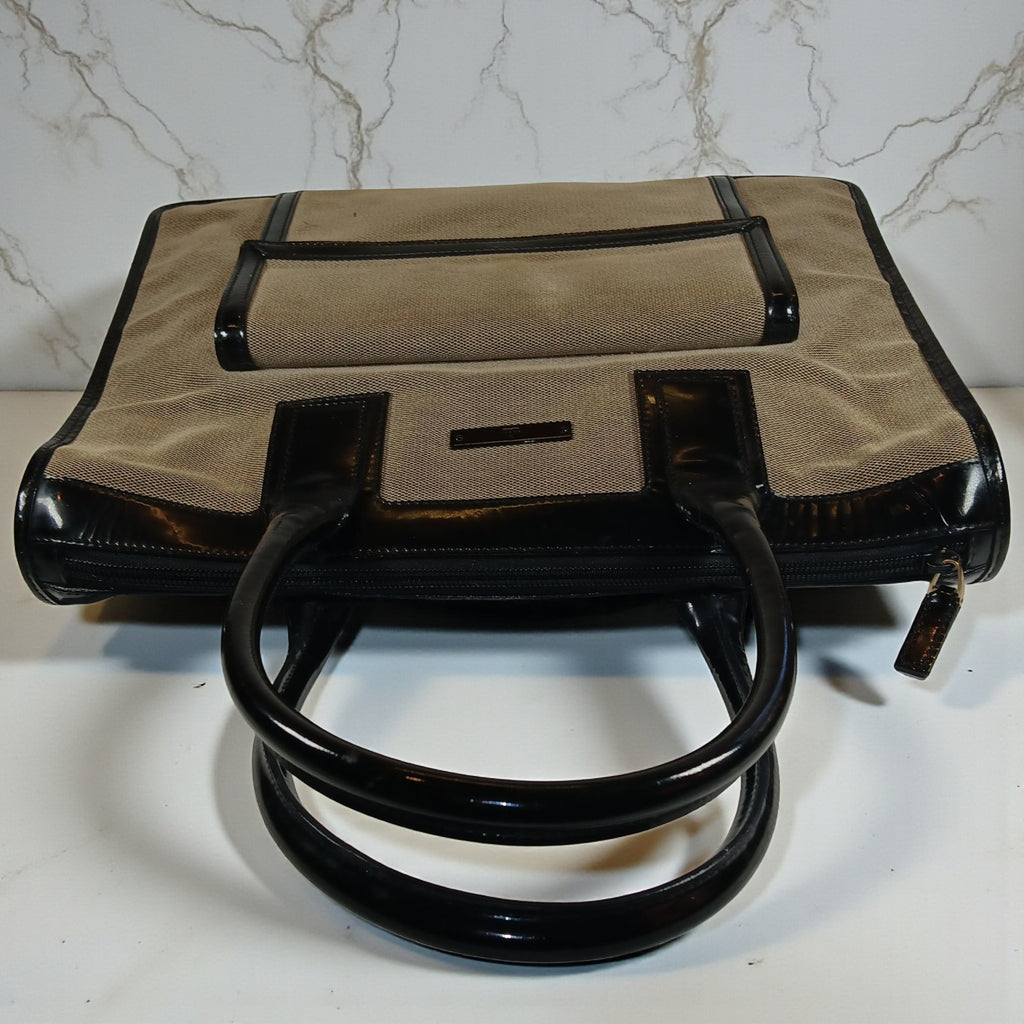 GUCCI Vintage Brown Canvas Tote Bag with Patent Leather Trim, Front Pocket