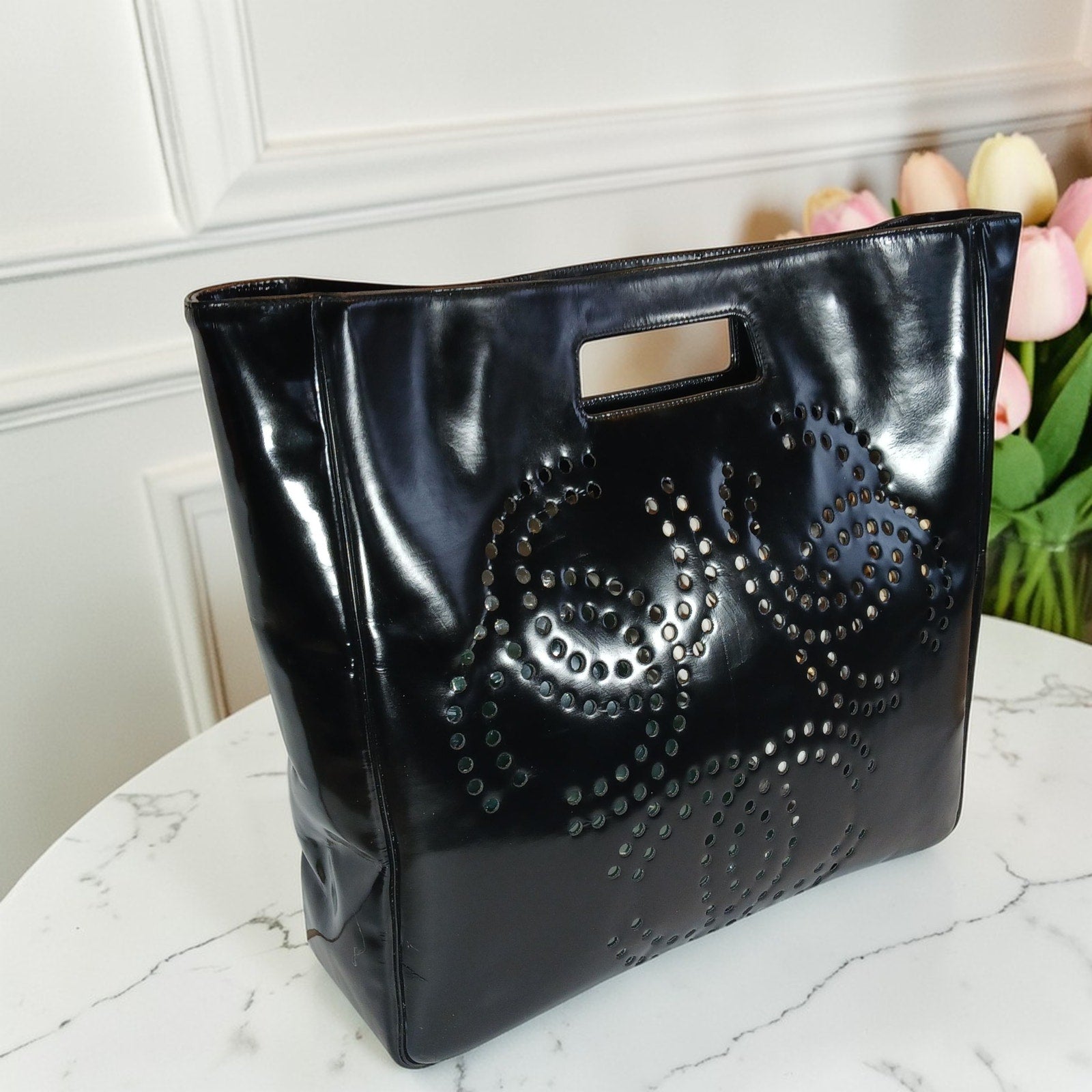 CHANEL Vintage Black Patent Leather Perforated Triple CC Tote Bag & Pouch